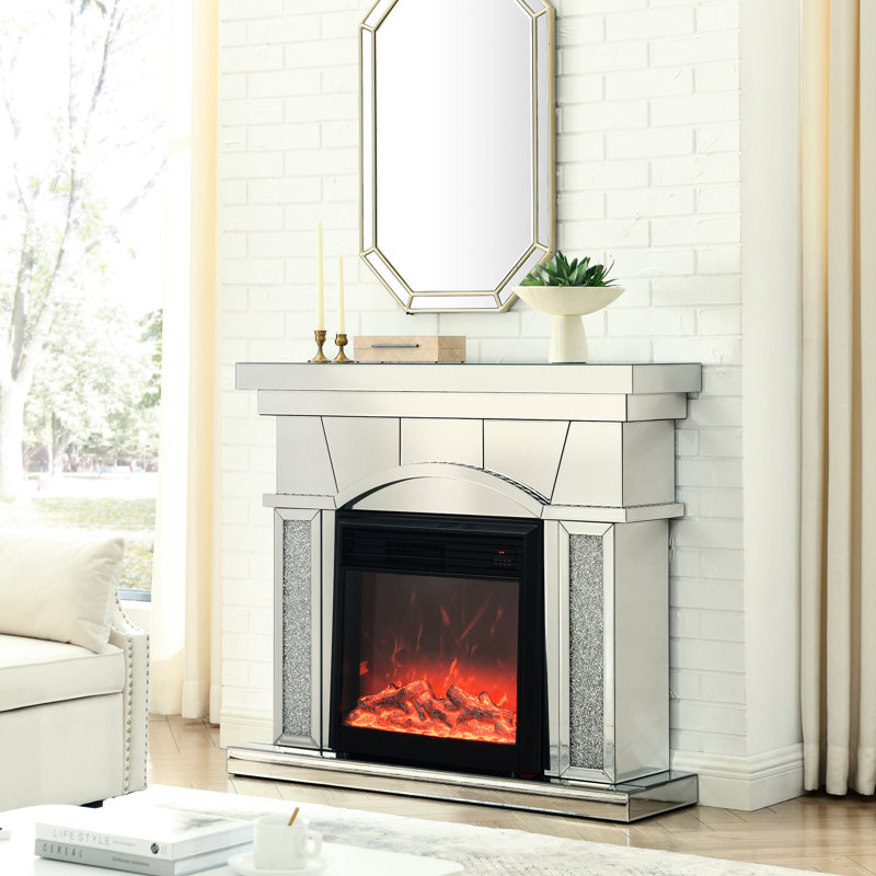 Acrylic Mirror Fireplace, Electric 750W Heating, 3D Realistic Flame, Remote Included, Protected, Black Portable For Office Artificial Crystals Fireplace Cabinet, 1500 Sq Ft Flame Effect, Control,
