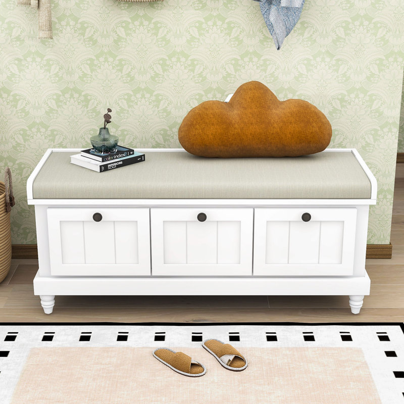 Banc de rangement de style campagnard avec tiroirs, compartiment caché, Blanc
