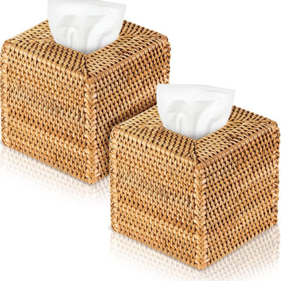 2 Pcs Square Rattan Tissue Box Cover,Wood
