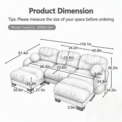 Canapé d'angle modulaire 3 places en tissu chenille confortable au design plissé, avec mousse ergonomique haute densité, composé d'une section en U, de 2 poufs et de coussins ronds.