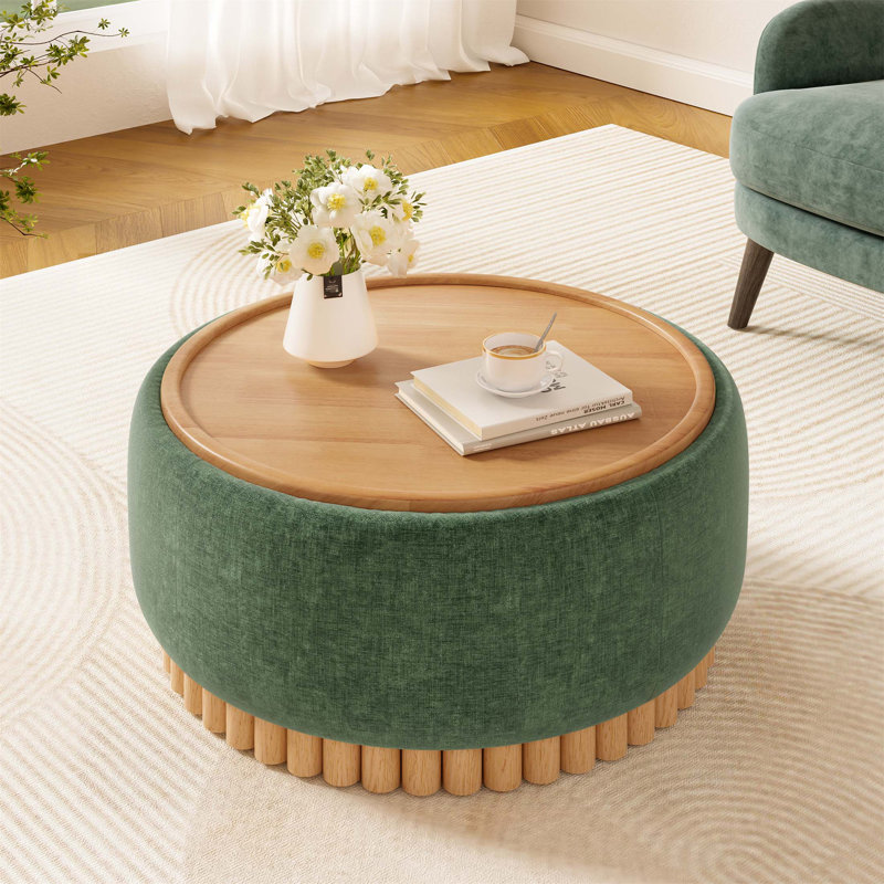 Repose-pieds de rangement rond de 29 pouces avec pieds en bois massif, couvercle réversible et compartiment caché pour les salons modernes