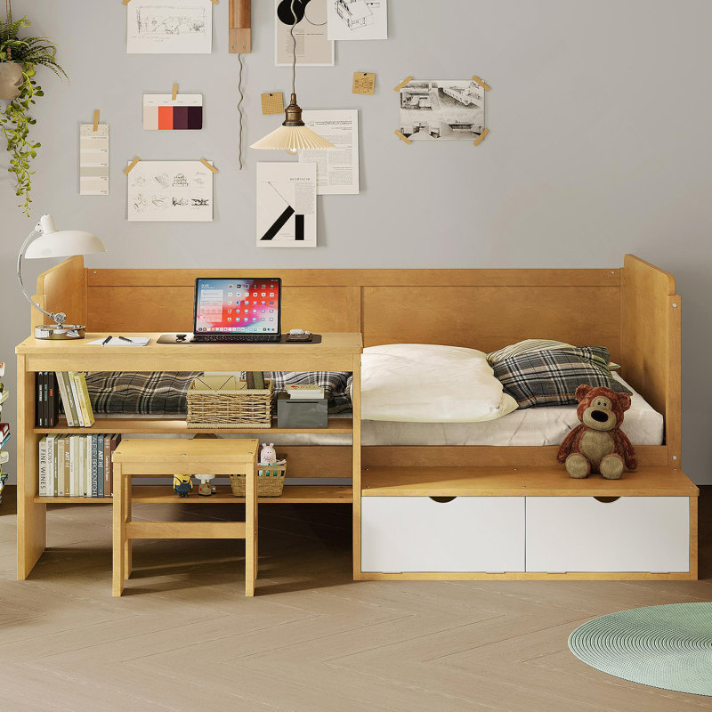 Lit de jour simple en bois avec tablettes de rangement et casiers, lit multifonctionnel avec bureau d'étude, Naturel