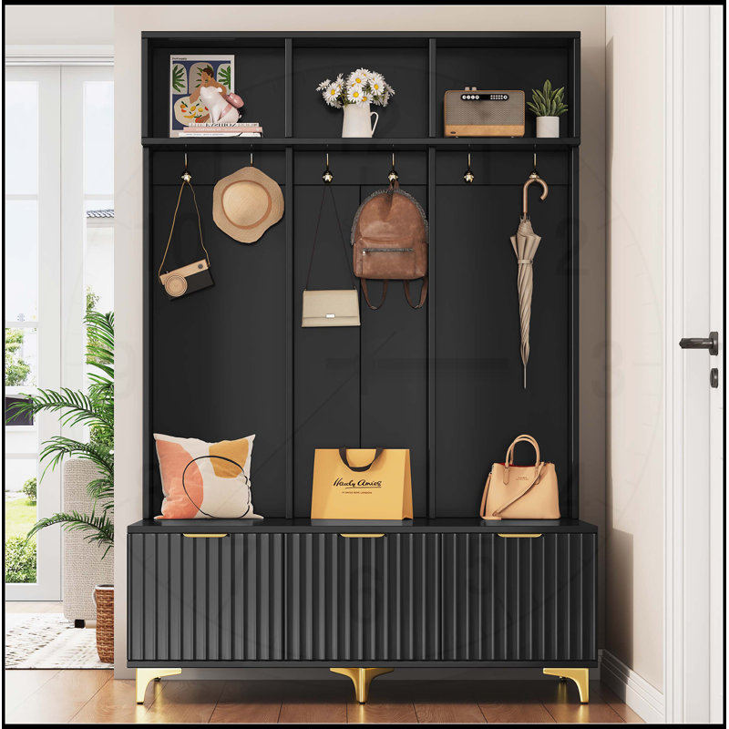 Grand portemanteau moderne avec banc, solutions de rangement multifonctionnelles et portes cannelées ultrabrillantes pour les vestibules