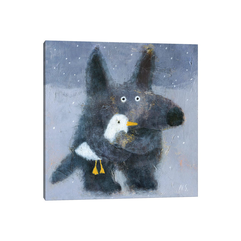 The Wolf Hugs The Duck by Natalia Shaloshvili - Painting on Canvas, 30.48cm H x 30.48cm W x 1.91cm D, Wrapped Canvas