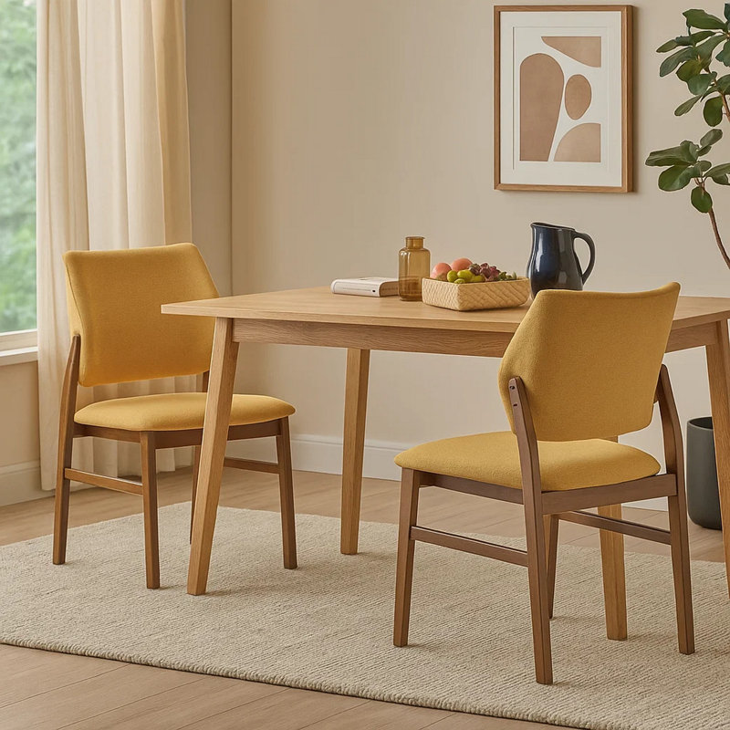 Ensemble de 2 chaises d'appoint de salle à manger Nory, coussin en lin jaune, brun noyer