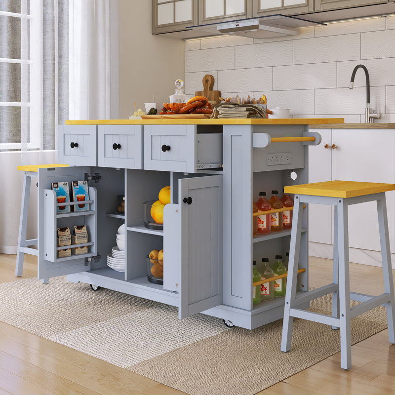 53" Drop-Leaf Countertop Kitchen Cart With Power Outlet And Spice Rack & Towel Rack, Gray