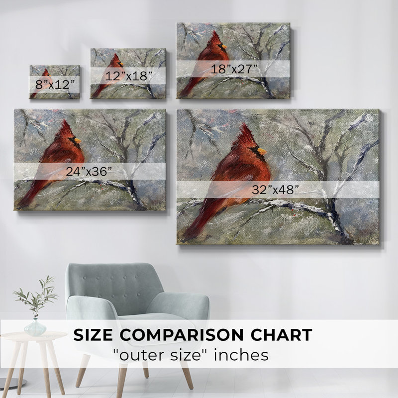 Cardinal dans la neige II sur toile, H 18 po x l 27 po x P 1,5 po