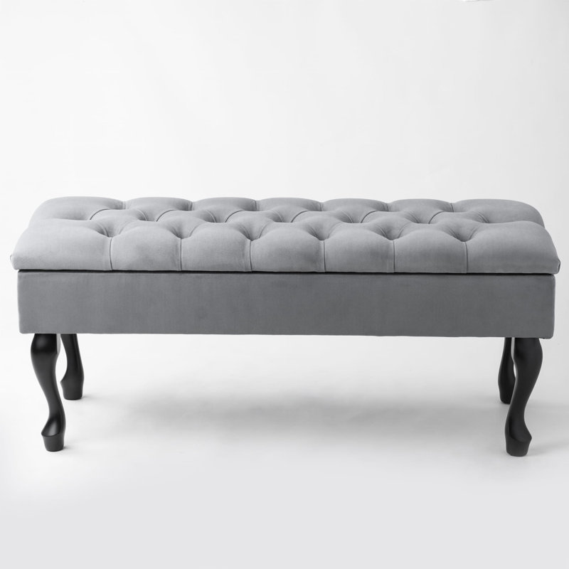 Velvet Upholstered Storage Bench, 44cm H x 100cm W x 30cm D, Grey/Black