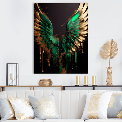 Ailes d'ange vertes et dorées I - Décoration murale contemporaine en métal glam