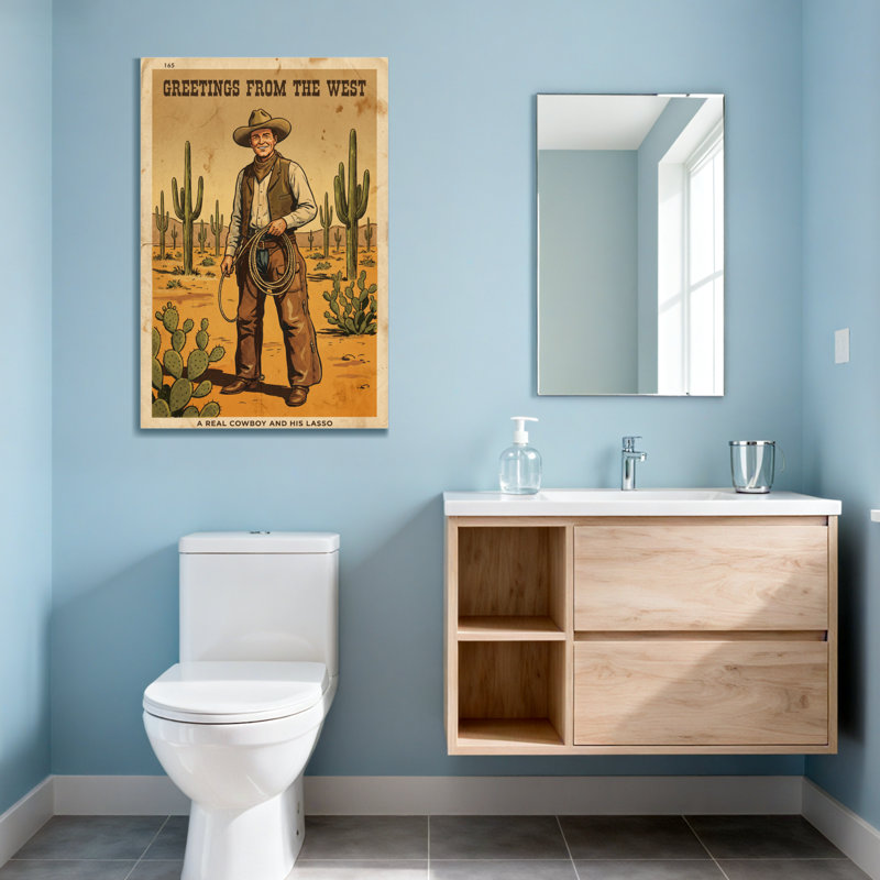 Fashion Cowboy tenant un lasso dans un paysage désertique, H 36 po x l 24 po