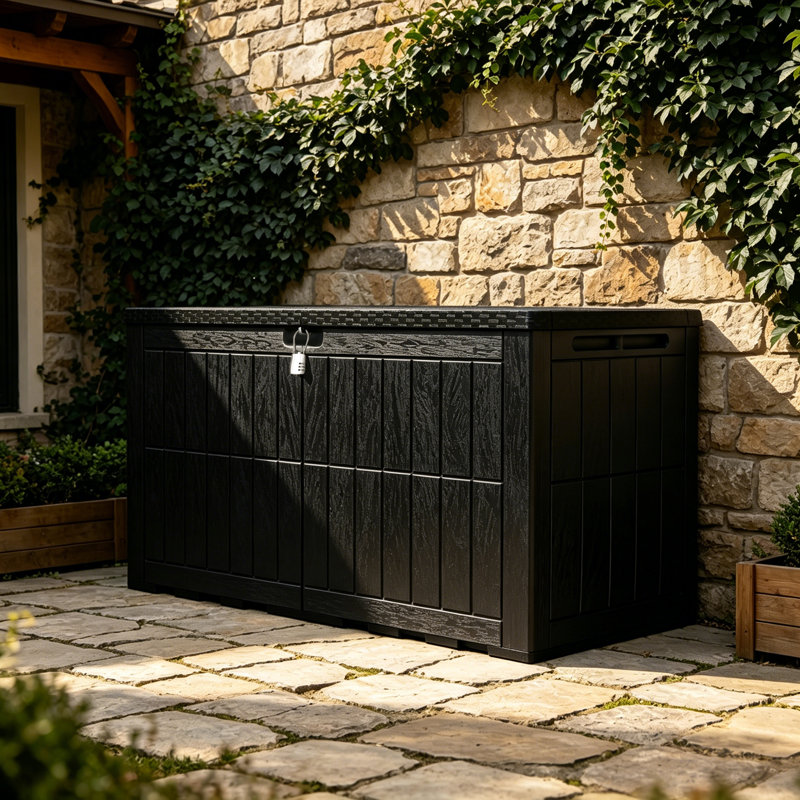 Coffre de terrasse Quartey en résine 120 gallons avec mécanisme de fermeture en douceur, Noir