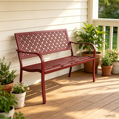 Banc d'extérieur multicolore en métal découpé en treillis, banc de causeuse en acier résistant aux intempéries de 49,17 po avec accoudoirs courbés, banc de jardin décoratif à 2 places disponible en rouge pour la cour arrière, le porche, la pelouse et le balcon