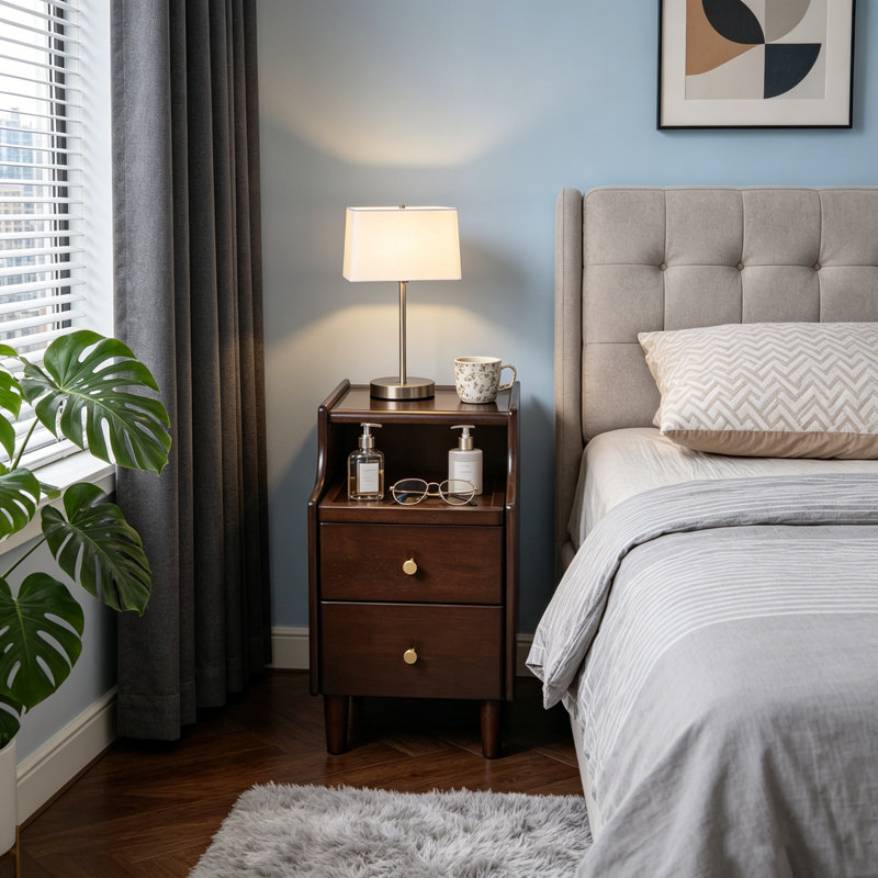 Solid Wood Nightstand with Two Drawers and Pull-out Panel for Ample Storage and Durability