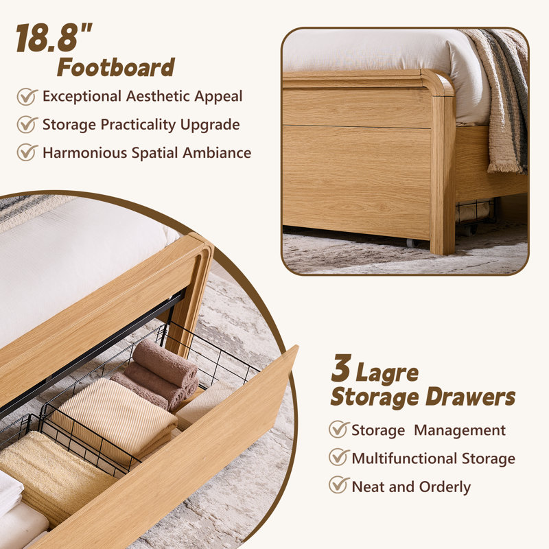 Base de lit très grand Maud avec tête de lit de 50 po de hauteur, cadre de lit plateforme en bois avec pied de lit courbé de 18,86 po et 3 grands tiroirs de rangement, aucun sommier tapissier nécessaire