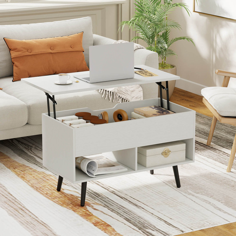 Table à café à plateau relevable 31,5 "avec pieds en bois pour la maison, Blanc