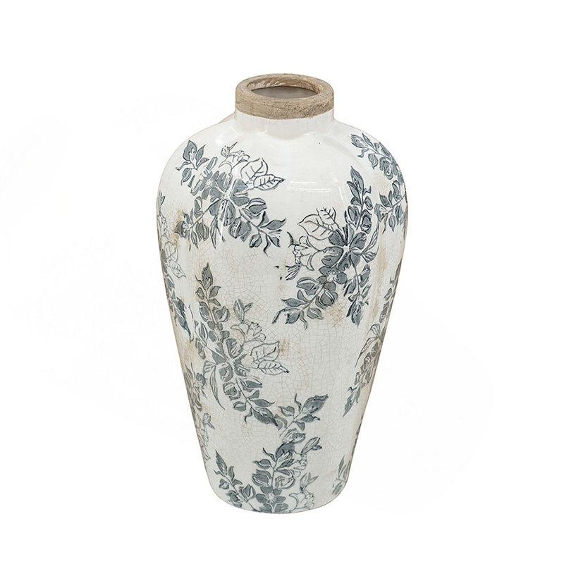 Vase en céramique blanc avec motif floral gris, 11.6" H x 6.7" W x 6.7" D