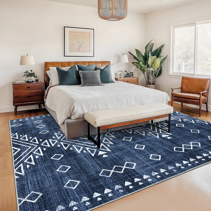 Tapis pliable lavable rétro pour le salon et la chambre à coucher, Blue, Rectangle 6' x 9'