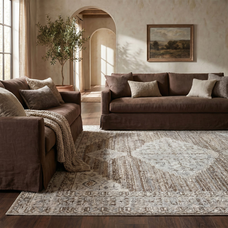 Tapis à motif médaillon beige / brun classique à motif médaillon classique 5 pi x 8 pi (5 pi 3 po x 7 pi 7 po) Anara