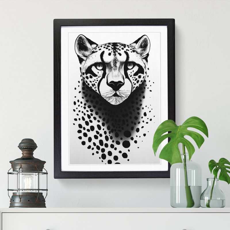 Cheetah Monochrome - Picture Frame Print, 46cm H x 34cm W, Walnut Framed