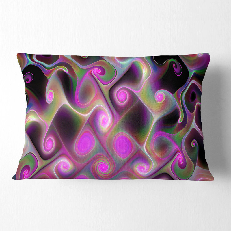 Motif fractal avec tourbillons - Coussin décoratif imprimé abstrait, Rectangulaire, Noir/rose, 12 po x 20 po