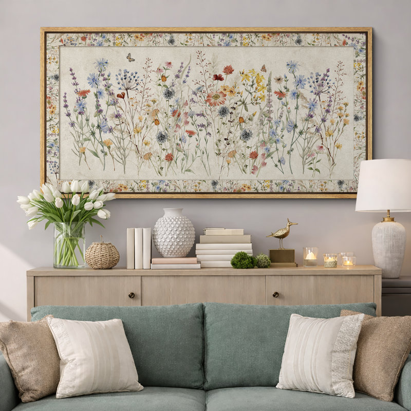 «Vibrant Wildflower Botanical Elegance», reproduction florale foncée encadrée, H 30 po x l 60 po, Naturel
