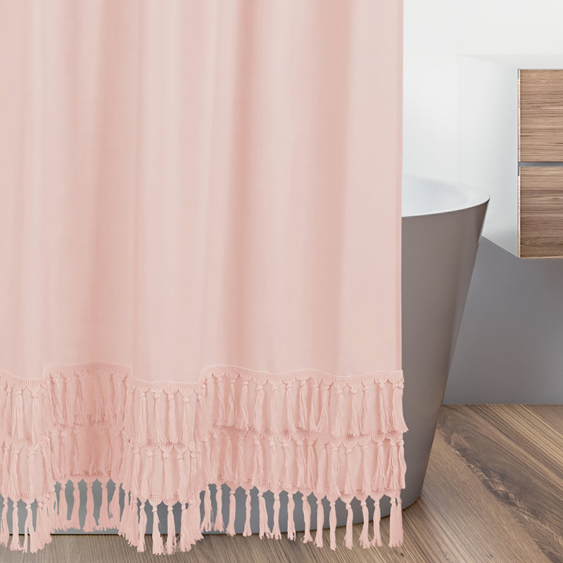 Pink Cotton Bohemian Shower Curtain with Tassel Fringe