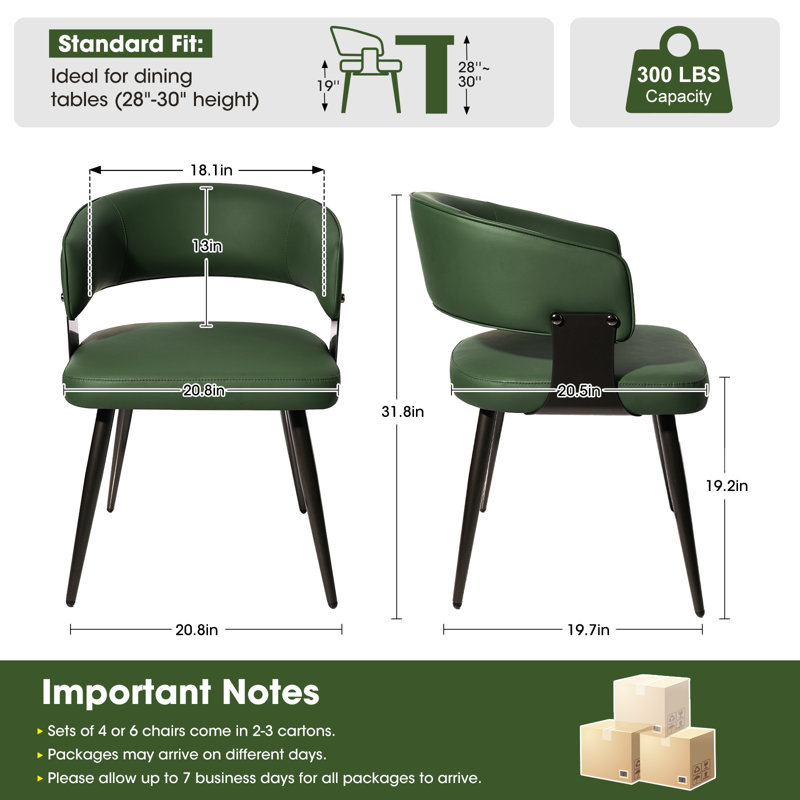 Mid-Century Modern Dining Chairs, Faux Leather Upholstered with Arms, Water-Resistant and Metal Legs, 4, Green