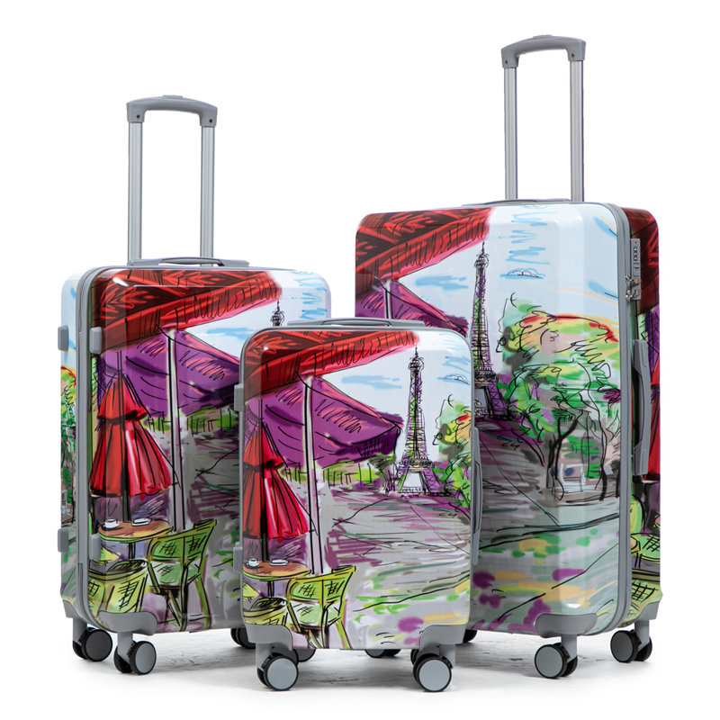 20 po / 24 po / 28 po 3 pièces / ensemble dans une valise à roulettes pivotantes pour PC, avec valise de transport, avec motif imprimé et serrure à combinaison