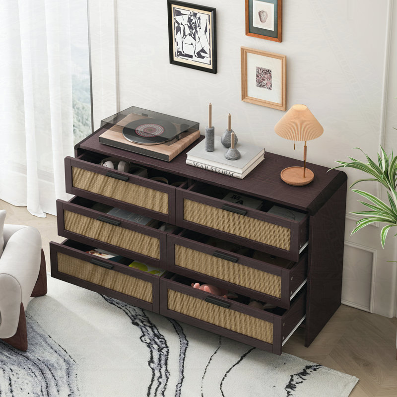 6-Drawers Rattan Storage Console Table, Reddish Brown