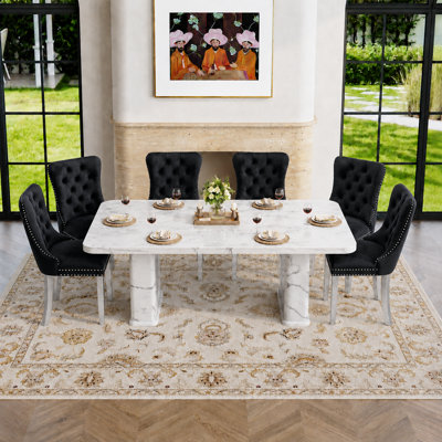 64.5" Dining Room Table Set for 4, Modern Marble-patterned Wood Kitchen Table with Decorative Pedestal Legs & 6 Tufted Velvet Chairs