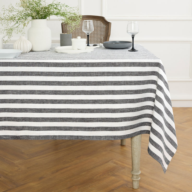 Sorrento Stripe - 100% Pure Linen Tablecloth, 90" L x 60" W, Black/White