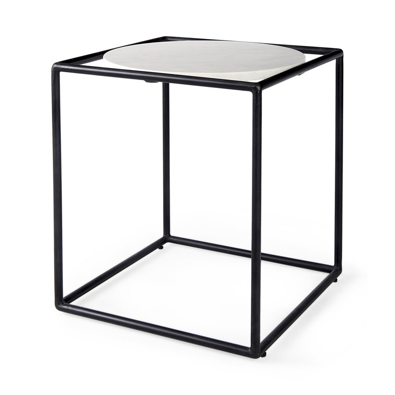 Black Metal Cube Base End Table with White Marble Top