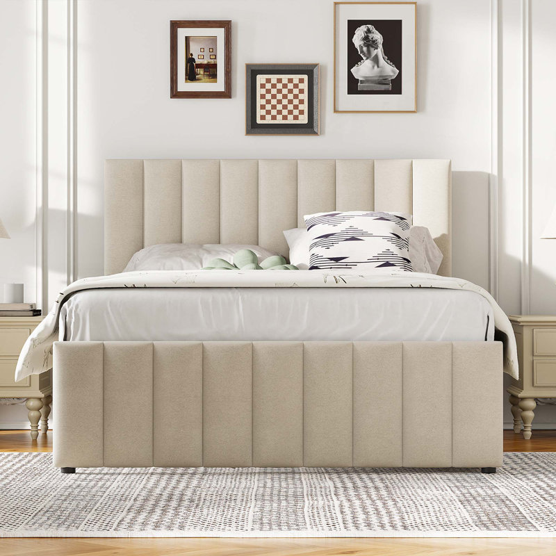 Full Size Upholstered Platform Bed with Twin Size Trundle and 3 Drawers,Linen Fabric, Beige