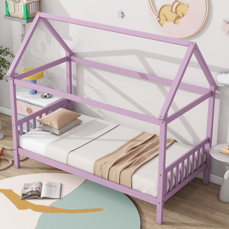 Twin Rubber Wood House Bed With Underbed Space & Frame, Pink