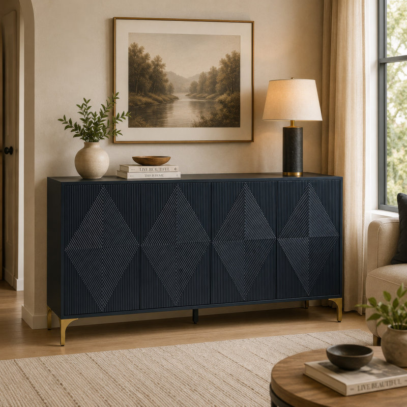 Armoire d'appoint Bobby, portes géométriques, pieds en métal doré, bois bleu foncé 72 pouces