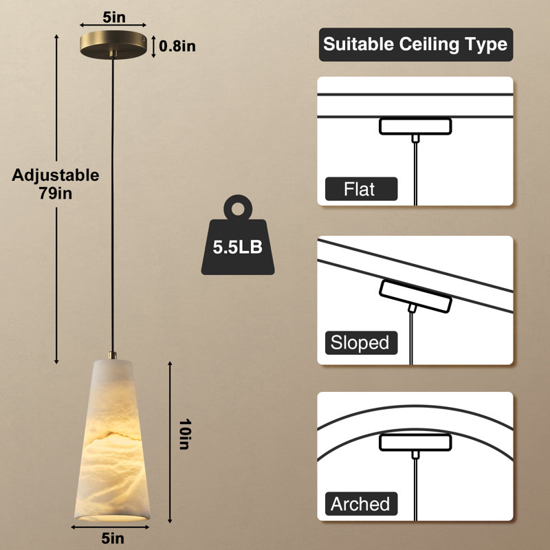 Rennata Height Adjustable Luxurious Alabaster Conical Pendant Lights(Set of 3), Gold