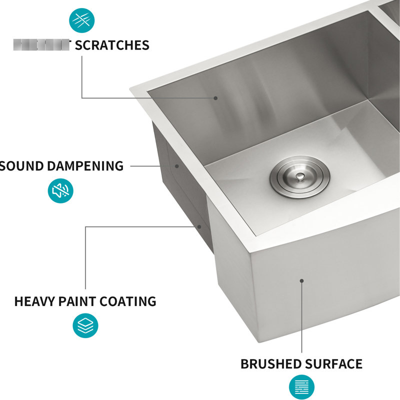 16 Gauge 36" Double Bowl  60/40  Apron Front Stainless Steel Kitchen Sink, X - Shaped Water Guide For Smooth Flow, 3Mm Pad, Brushed Nickel, Package With Drain Assembly And Installation Clips Sink 9"
