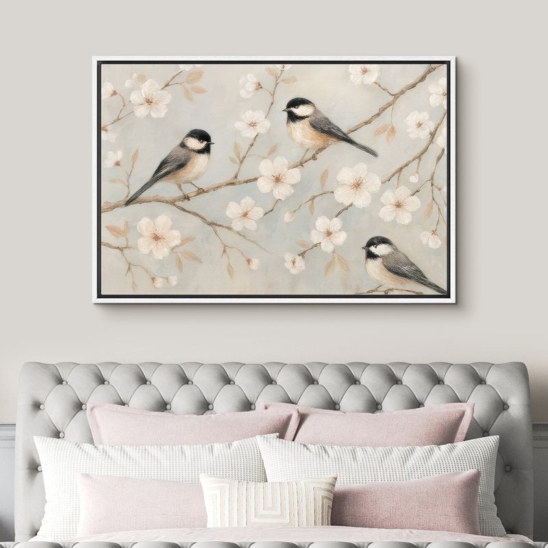 «Three Songbirds on Light Blossoming Branches in Soft Spring Tones», reproduction d'art sur toile encadrée, Cadre blanc