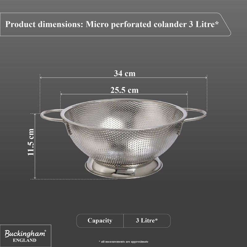 Buckingham Deep Colander Strainer Stainless Steel Micro-Perforated, 22 cm 