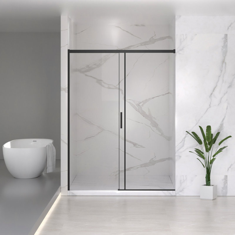 Porte de douche coulissante semi-sans cadre l 56 à 60 po x H 74 po, verre trempé clair de 1/4 po (6 mm) de largeur variable (6 mm), largeur réglable - aucune découpe requise