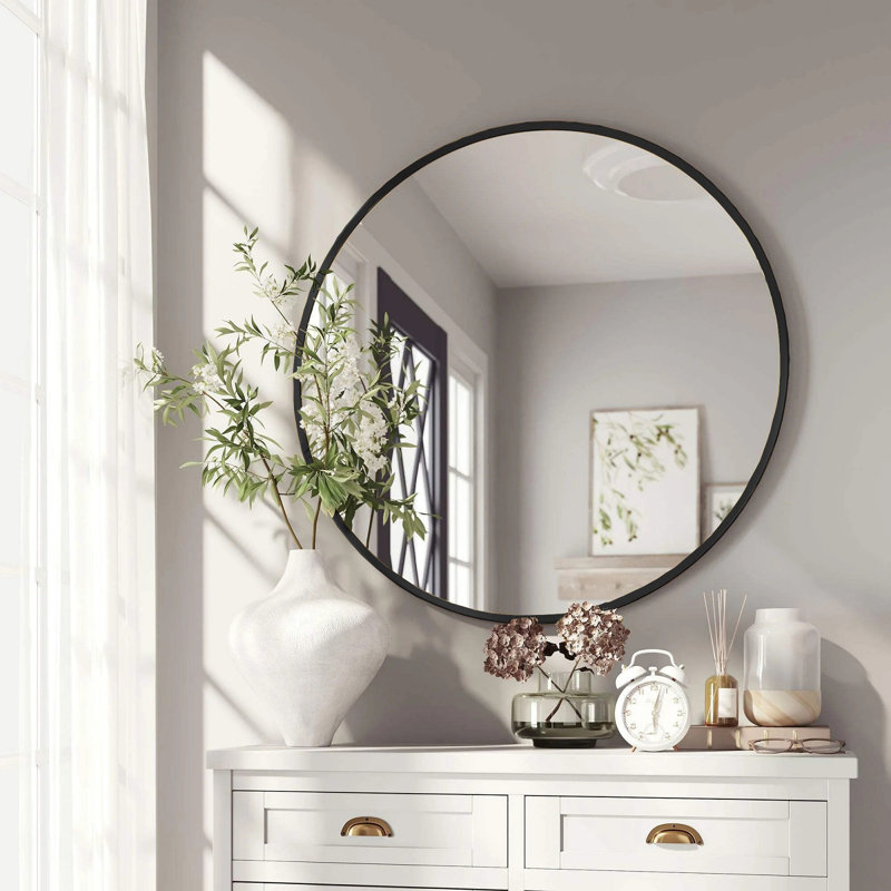 Round Bathroom Mirror, Modern Wall Mirror Round Bathroom Vanity Mirror For Bedroom, Living Room, Hanging Or Leaning, Black