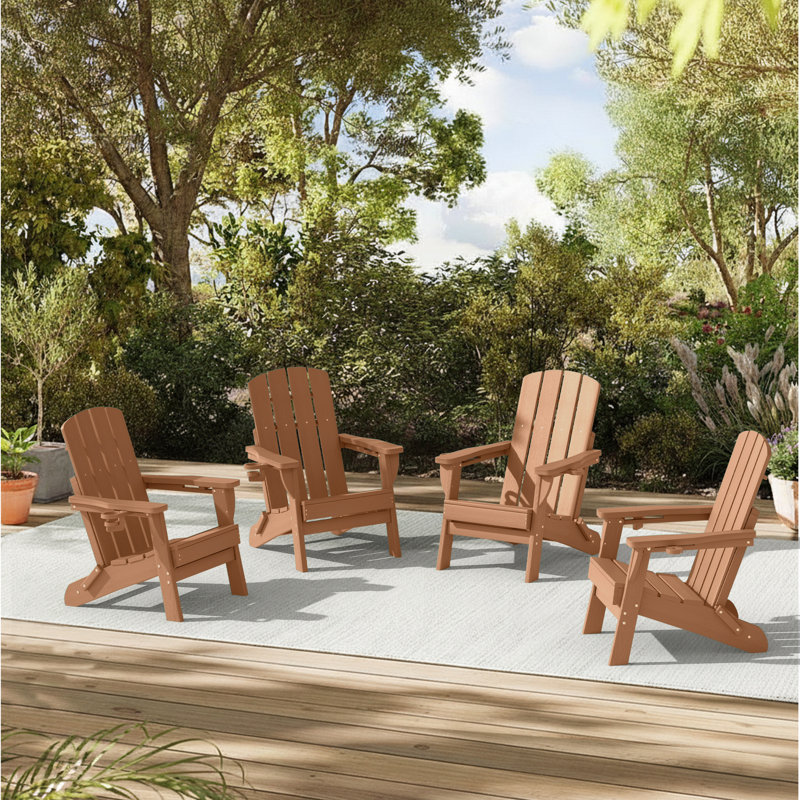 Haider Folding Adirondack Chairs Weather-Resistant HDPE Outdoor Firepit Chairs With Cup Holder, Brown