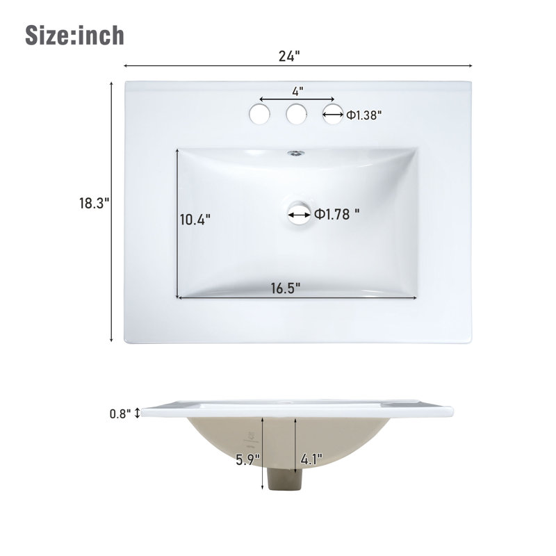 24" Bathroom Vanity Cabinet With Ceramic Top, White, Silver