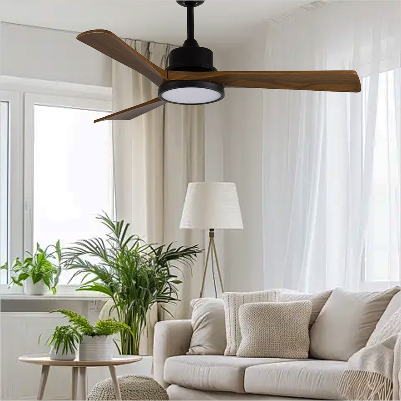 Ventilateur de plafond de 42 pouces avec lumière, pales en bois massif, 2 tiges pour plafond incliné ≤ 15 °, moteur à courant continu silencieux réversible, application et télécommande, 6 vitesses, minuterie, DEL à spectre complet à intensité variable, pour la chambre à coucher