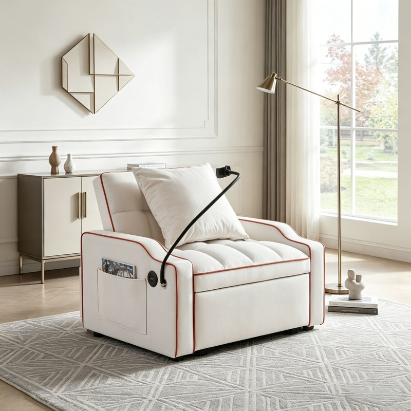 Canapé convertible 3 en 1 avec dossier réglable, support pour téléphone et port USB, Beige
