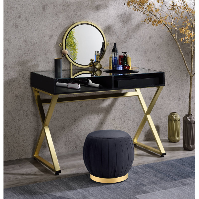 Meuble-lavabo noir et doré avec miroir et plateau à bijoux Neddra, Noir