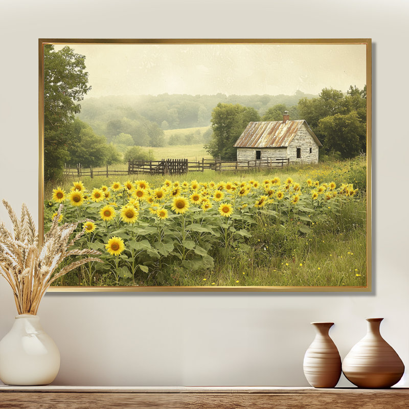 «Drevin Sunflowers And The Chicken Pen» - Art mural grand tournesols, H 12 po x l 20 po, Impression encadrée flottante, Doré