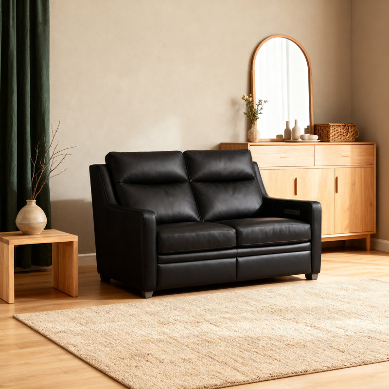 Harpster Genuine Leather Sofa Power Triple-Motor Reclining Loveseat, Black