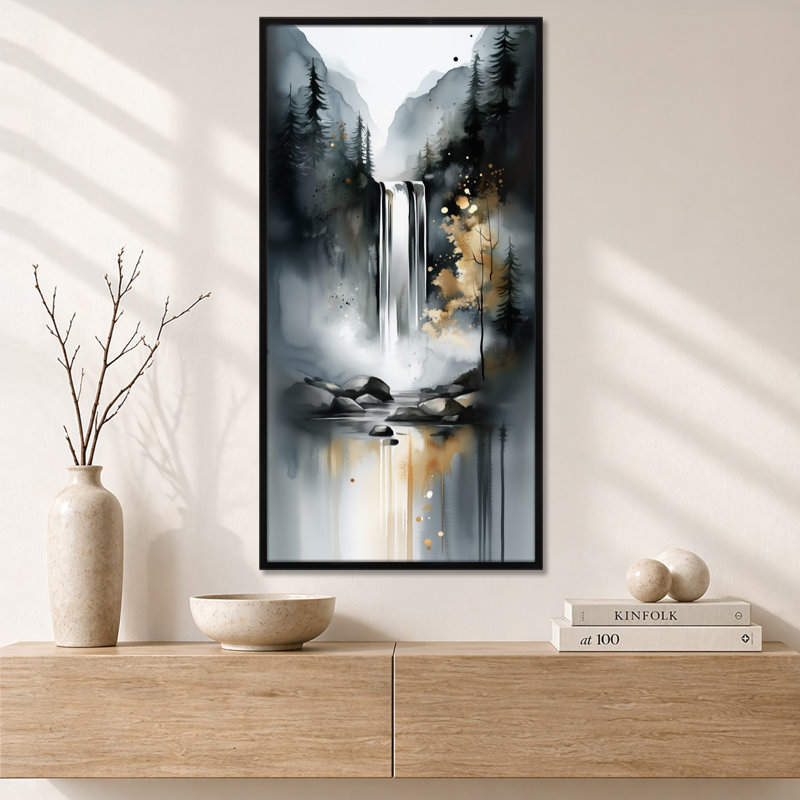 «Gray Gold Autumn Waterfall Forest Trail II», reproduction d'art encadrée sur toile, 40" H x 20" W, Cadre flottant noir