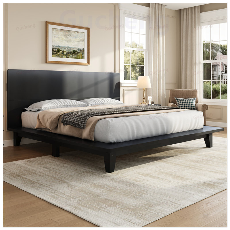 Élégant cadre de lit plateforme en bois avec tête de lit et support en lattes de bois, parfait pour les chambres à coucher modernes et rustiques